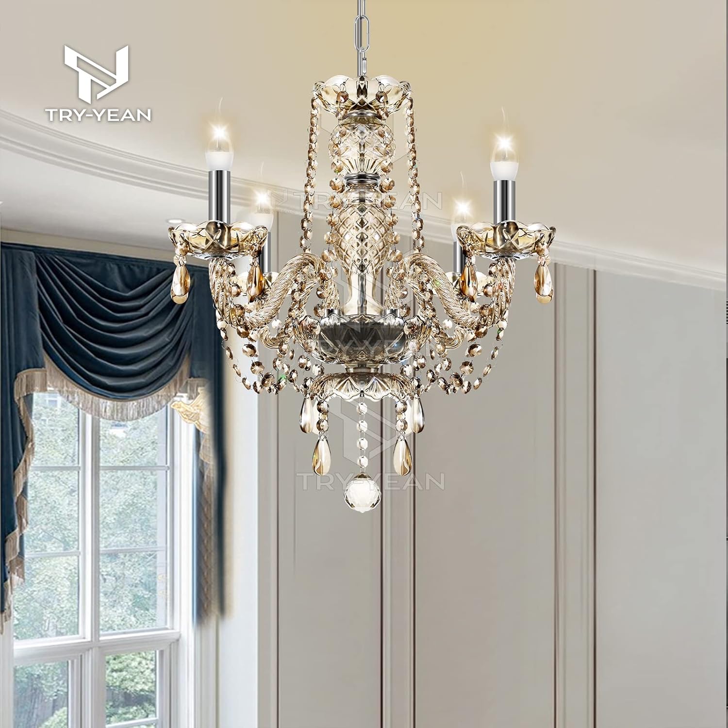 Lámpara de araña blanca con detalles de cristal, ideal para un comedor Shabby Chic